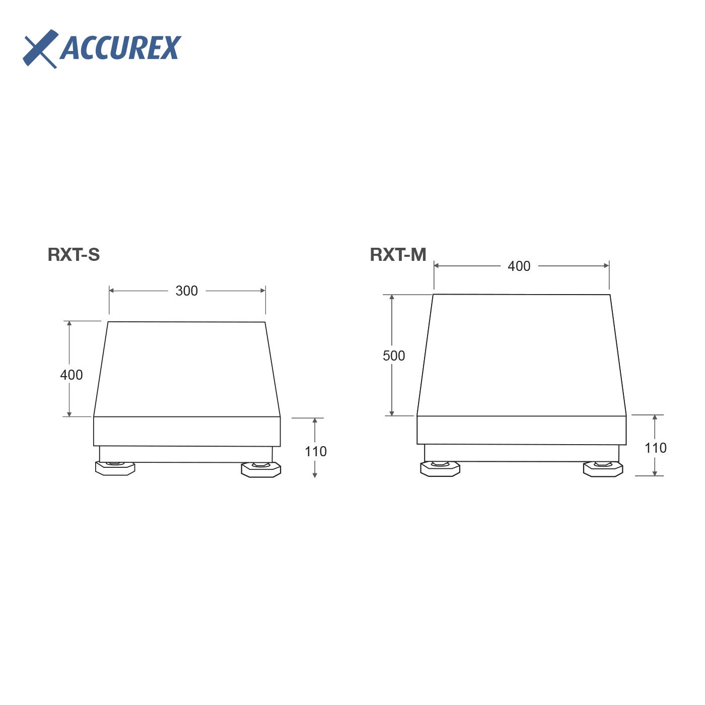 Technical drawing showing dimensions of Accurex RXT-S and RXT-M scales