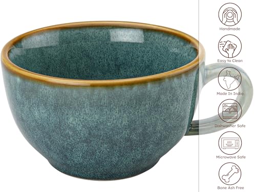 Image of Bodhi House Ceramic Soup and Coffee Wide Large Mug with Handle - Set of 2, 250 Ml Glossy Finish | Microwave Safe | for Maggi, Cappuccino, Latte, Green Tea - Ocean Green