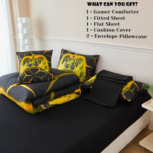 Image of ZRNBAST Boys Gamer Comforter Set, Twin Bed in a Bag Gold Gaming Bedding