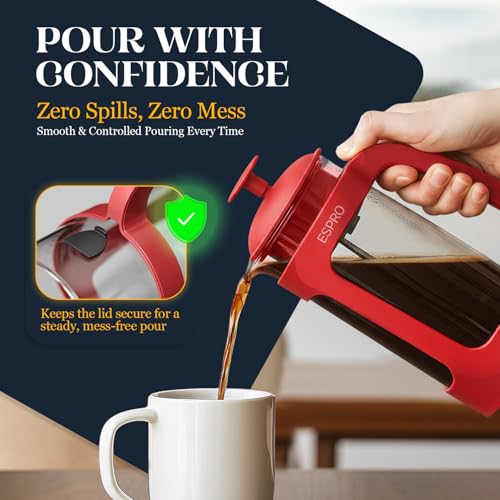 Image of ESPRO P3 French Press Coffee Maker, 32oz, Red, Double Micro Filter Press | Grit-Free Coffee Press, Thicker Borosilicate Heat Resistant Glass french press, Tea Press, Easy Coffee Brewer, Tea Brewer
