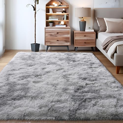 KING DARE Area Rug for Bedroom, 5x7 Fluffy Shag Area Rug for Living Room, Non-Slip Modern Shaggy Carpet Fuzzy Rug for Teens Dorm Nursery Home Decor Aesthetic, Tie-dye Grey