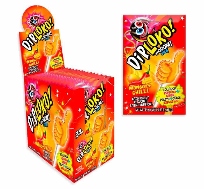 DIPLOKO! ''DIP LOKO!'' Boom Crackling Lollipop | Explosion of Flavor in the Mouth | Popping candy | 0.39 Oz Net Weight per Unit | 24 Count, Artificially Flavored (Assorted Flavors, 24 Count) (Mango+Chilli)