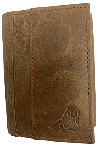Trifold Wallets For Men RFID Genuine Leather Slim Mens Wallet With ID Window Front Pocket USA Series Wallet Gift Box (Tan)