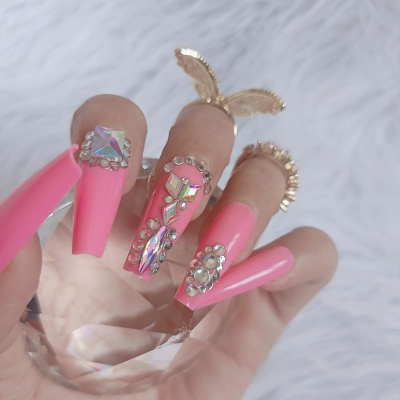 Miniatura 7 de Uñas postizas a presión rojas de lujo con diamantes de imitación, uñas postizas cuadradas extralargas, 24 unidades, brillantes, cobertura completa,