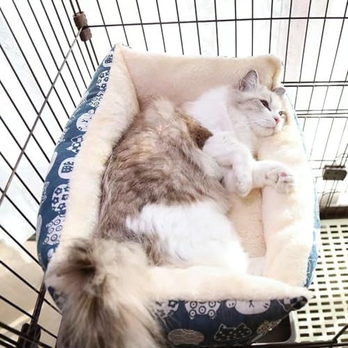 ペット マット ケージ用 猫 ベッド 落ちない 紐付き 紐で固定できる ふかふか 綿 リバーシブル 柔らか 洗える 犬 クッション 布団 ずり落ち防止 通年 (S,ネイビー)