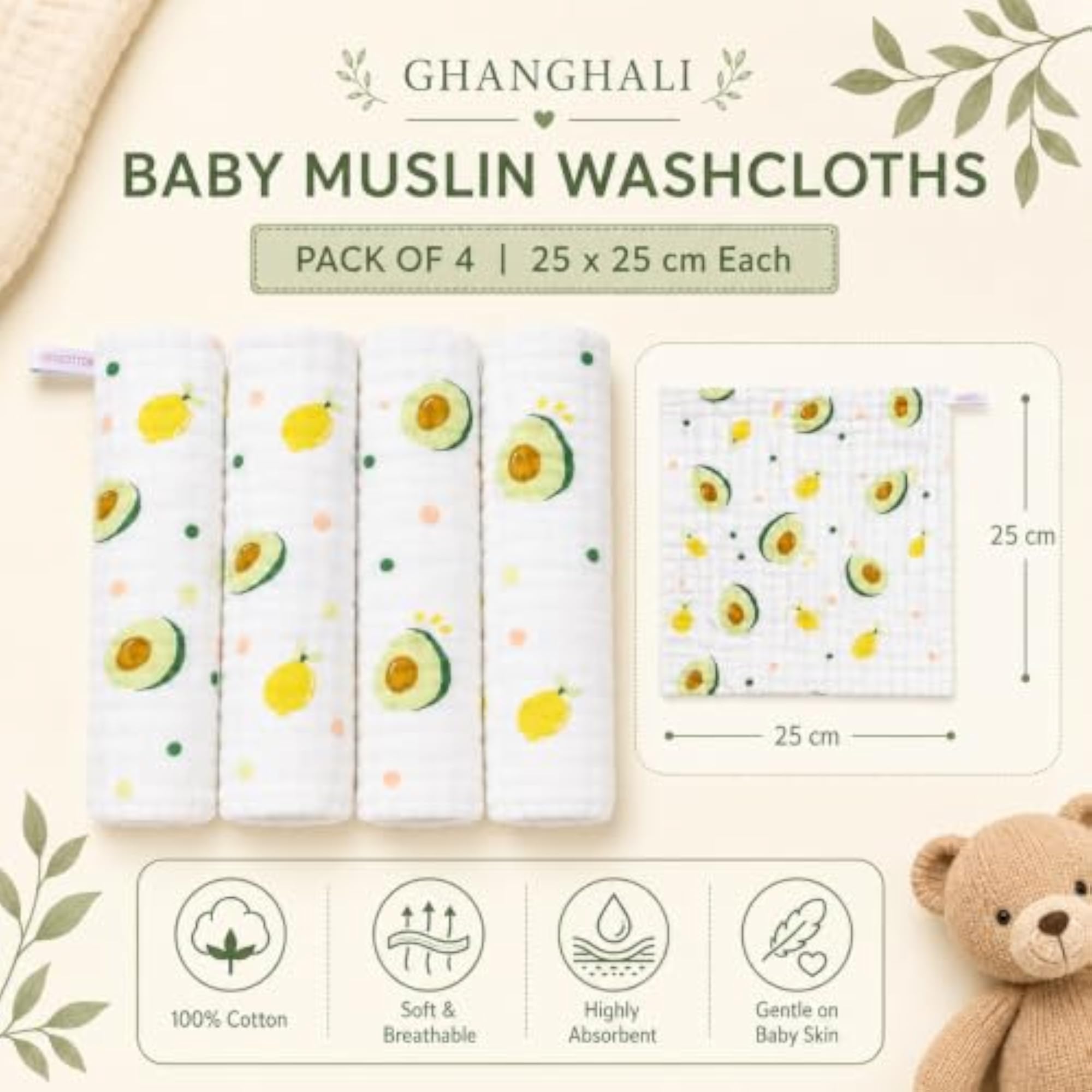 Muslin Washcloths 6-Layer Pack of 4 for Newborns