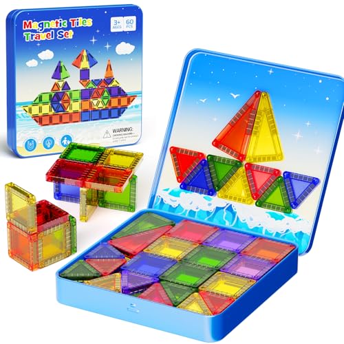 60pcs Mini Tuiles Magnétiques avec Boîte de Rangement Métallique, Jeu de Construction 3D pour Enfants - Essentiels pour Voyage, Cadeau Montessori pour Maternelle et Classe, Xmars pour 3 Ans et Plus