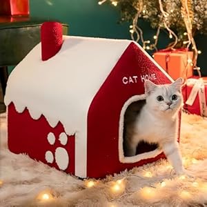 Christmas Snow House Cat Dog House Cozy Pet Cave Dog Sleeping Bed Pet Dog Tent with Removable Cushion Dog Bed for Dogs Cats Christmas Holiday Themed Pet Bed