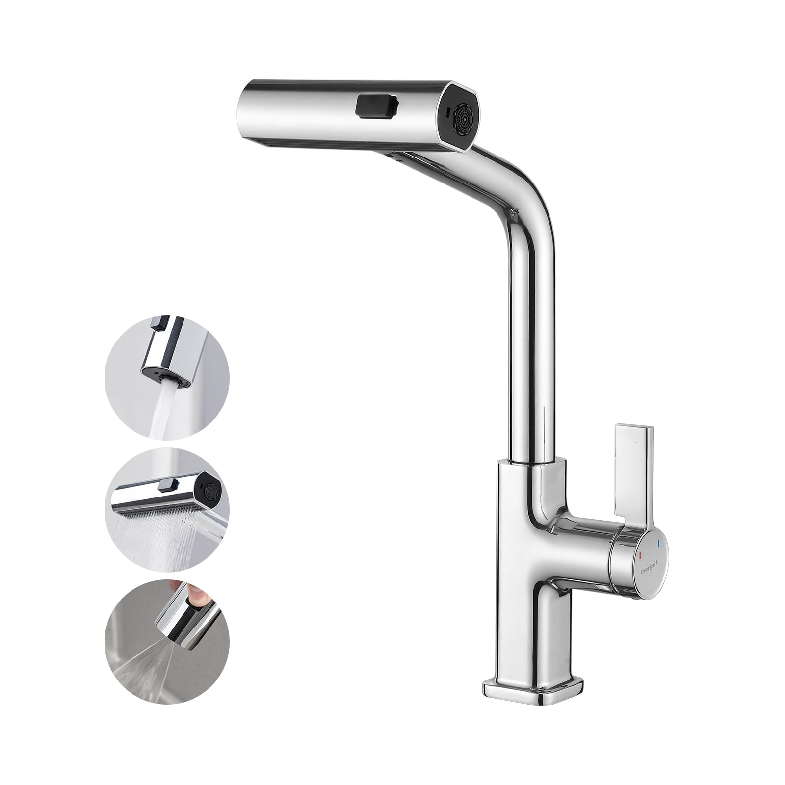 Ibergrif M22145 Kitchen Sink Taps Mixer With Pull Out Spray, 3 Functions Sprayer, 360? Swivel, Chrome Brass 8436613820124