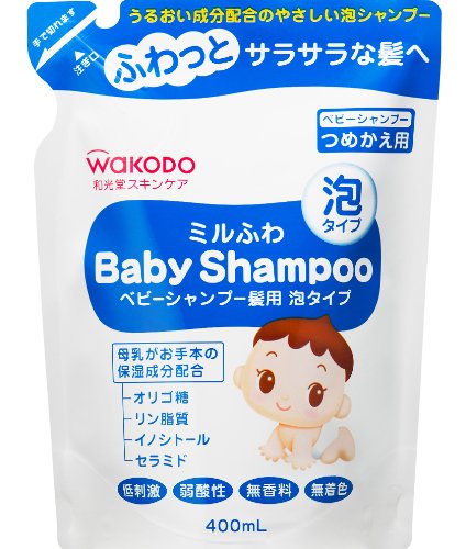 Shampooing mousse bébé Wakodo recharge 400ml formule Fuwa anti-nœuds douce