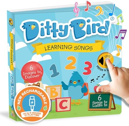 Ditty Bird Learning Songs Musical Book, USB-C Rechargeable, upto 9 Hours Playtime, Interactive Storybook with 6 Educational Tunes, Alphabet, Numbers & More, Easy-Press Button, Volume Control, 1-3Years