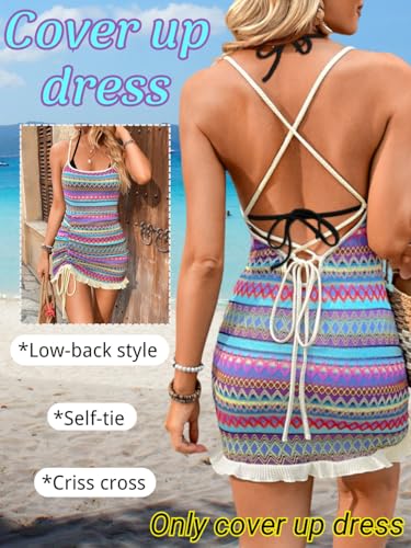 Boho Crochet Striped Swimsuit Coverup, Square Neck Low-Back Bodycon, Drawstring Ruffle Mini Dresses for Women2