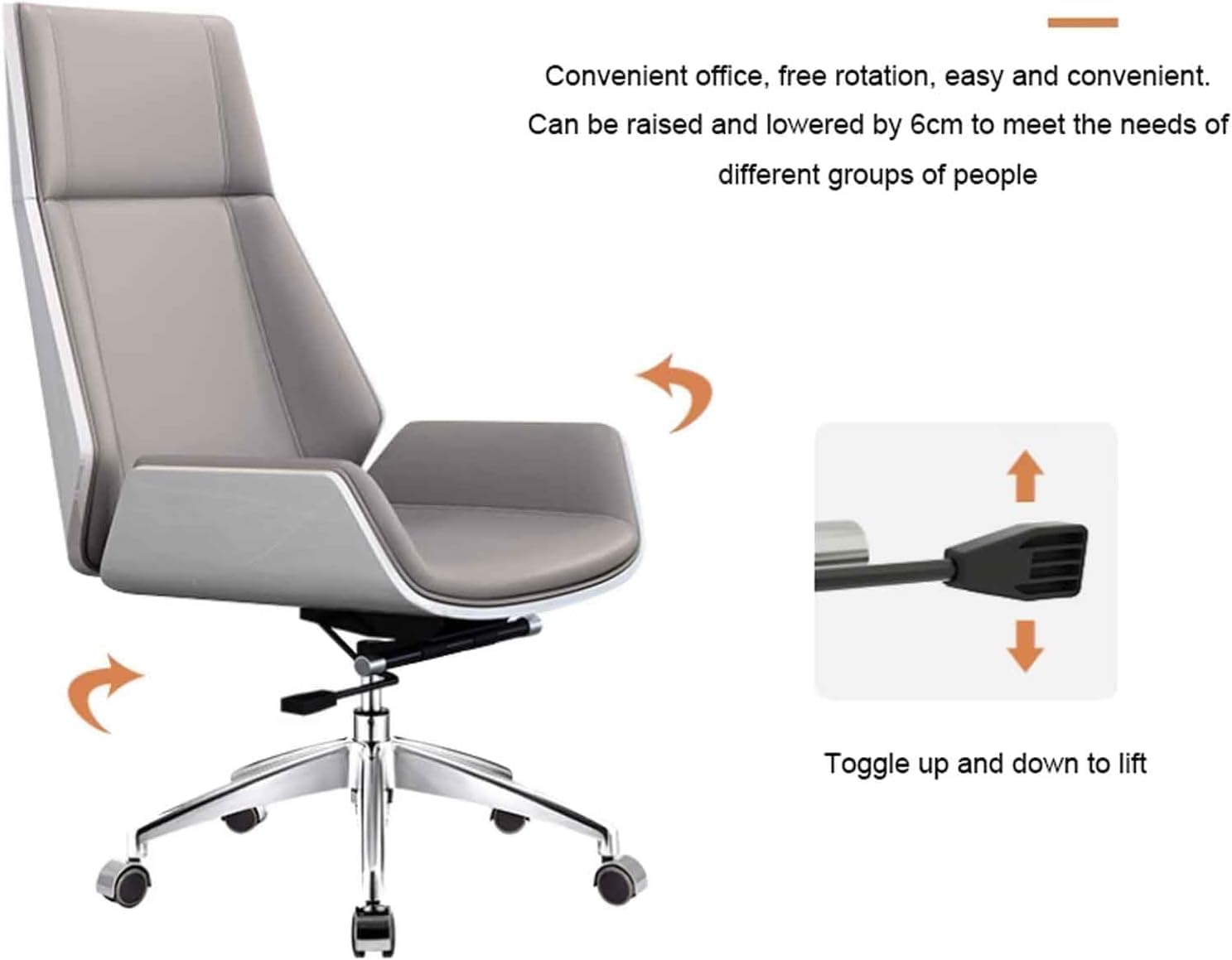Silla de oficina ejecutiva de respaldo medio, altura ajustable, función de inclinación, piel sintética, silla de escritorio giratoria para uso en computadora, sin ruedas para un asiento cómodo