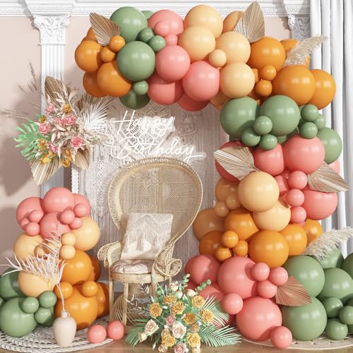 HILAVO Arco de balões verde salva e rosa, retro, rosa empoeirado, verde azeitona, laranja queimado, bege, grinalda de balões para meninas boémias, floresta, chás de bebé, fadas, flores, selva, safari