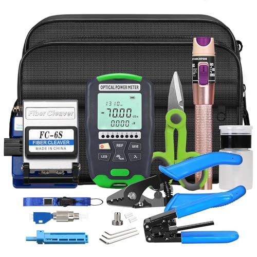 Fiber Optic Termination Tool Kit 10-in-1 Equipped with A-D7 Optical Power Meter (-70 - +10 dBm) FC-6S Fiber Cleaver and Wire Stripping Pliers Aramid Scissors Fiber Optic Tool Kit