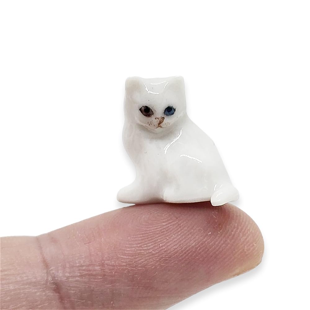 WitnyStore Tiny ¾ Inch White Persian Angora Longhair Cat Sitting Look Left Figurine - Miniature Hand Made Ceramic Cats Kitten Feline Animal Cute Porcelain Decorative Collectible Figurines Décor Gifts