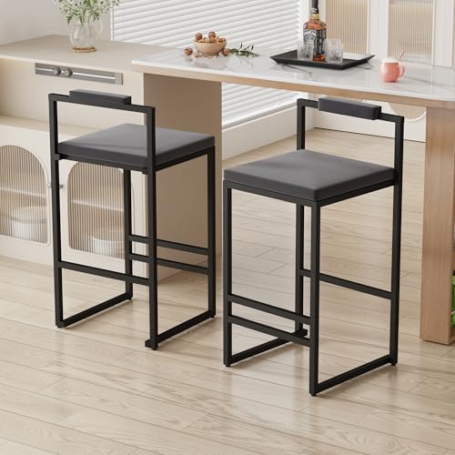 Butaco Tapizado de Terciopelo KT Rolster Juego de 2, Altura de Barra con Asiento Gris y Patas Metálicas Negras, Cojín Suave, Reposapiés y Respaldo para Isla de Cocina y Comedor miniatura 1