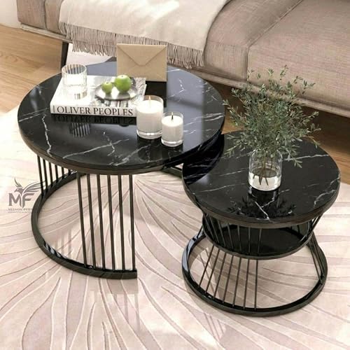 Image of MELVON Lightweight Nesting Coffee Table Set of 2, Full Black Metal Frame with Black Marble Look Top, Round Center & Side Tables for Living Room