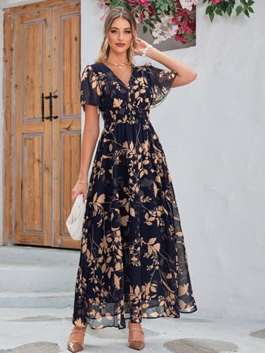 Image of Simplee Women's Boho Floral Maxi Dress Flowy Casual V Neck Short Sleeve Wedding Guest Holiday Beach Long Dress