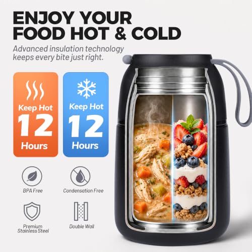 Image of Insulated Thermo Food Jar for Hot & Cold Food for Kids Adult, 17&24 oz Soup Thermal Hot Food Containers for Lunch, Triple Layer Insulation Stainless Steel Food Jar with Spoon (2 Pack Black)