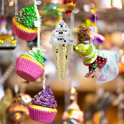 Bola espejada colgante con forma de helado, decoración disco para fiestas, bodas y eventos, estilo retro años 70, plateada y dorada, para hogar, clubes y escenarios miniatura 6