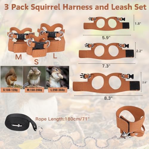 Image of 3 Pack Squirrel Harness and Leash Set - Adjustable Soft Leather & Traction Rope Strap Anti-Biting Chainfor Small Pet Walk Jogging Bearded Dragon Reptile Squirrel Rat