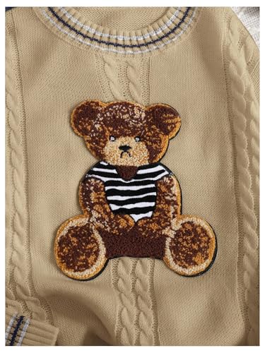 SHENHE Girl's Cute Bear Cable Knit Sweater Vintage Striped Crew Neck Loose Textured Pullover Jumper4