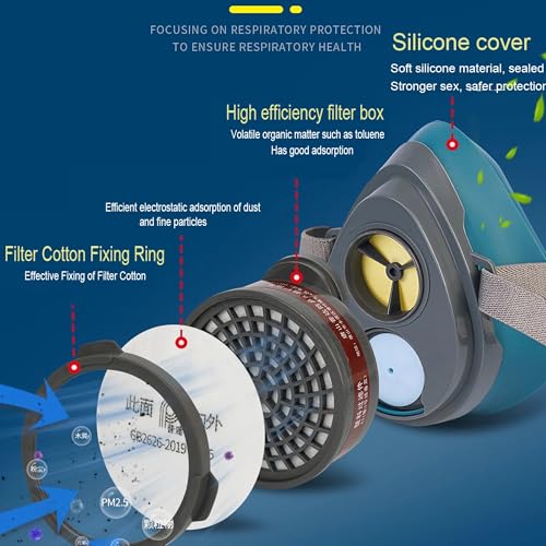 Halb Gesicht Staubmaske Set Filter für Dämpfe, Sand, Asbest, Gas, Säure und Ammoniak mit Schutzbrille, Partikelschutzfiltern Lackierer Masken und mehr mit 10 Filtrierbare Wattepads 1 Patronen