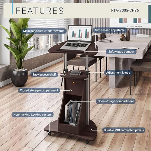 : Techni Mobili Sit-to-Stand Rolling Adjustable Storage Medical Laptop Computer Cart, Chocolate (B005) - image 4