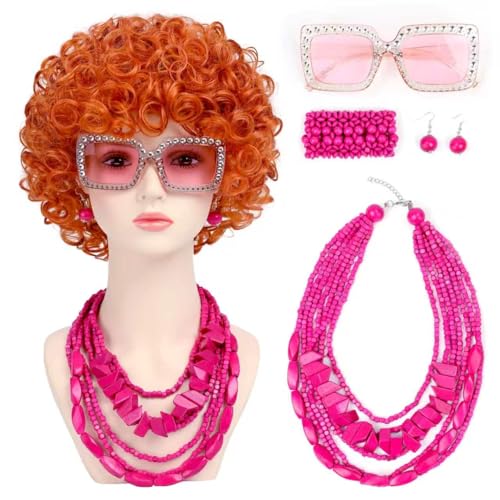 Cyyacen Women Roper Curly Orange Red Cosplay Wig with Necklace Earrings and Sunglasses for Women Hallween Costume Wig