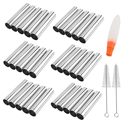Non-Stick Cream Cannoli Tubes, RoseFlower 30 Pcs Stainless Steel Screw Croissant Mould Cannoli Shells Horn Cones Molds with 2 Clean Brush - Pastry Baking Set for Christmas Halloween Anniversary Party - Image 3
