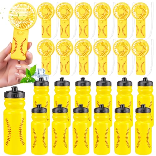 Tujoe 24 Pcs Softball Team Gifts Bulk 20 oz Softball Water Bottles with Mini Handheld Fans Reusable Squeeze Cup for Cooling Supplies Summer Sports Party Favors No Battery