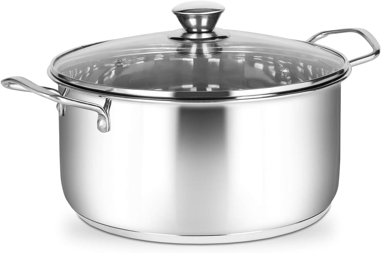 Penguin Home Stockpot Mirror Finish 24Cm Stainless Steel Stewpot With Glass Lid – 5L Induction-Compatible Stock Pot, Casserole Dish With Stay-Cool Handles, Oven & Dishwasher Safe, Double Pouring Lips, Soup
