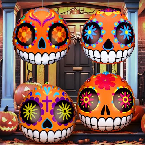 Soaoo 4 Pcs Day of The Dead Inflatable Pumpkin Sugar Skull Decor Halloween Decorations 24 Inch Blow up Double Side Print Dia De Los Muertos Inflatables for Home Porch Yard Outdoor Party Decorations