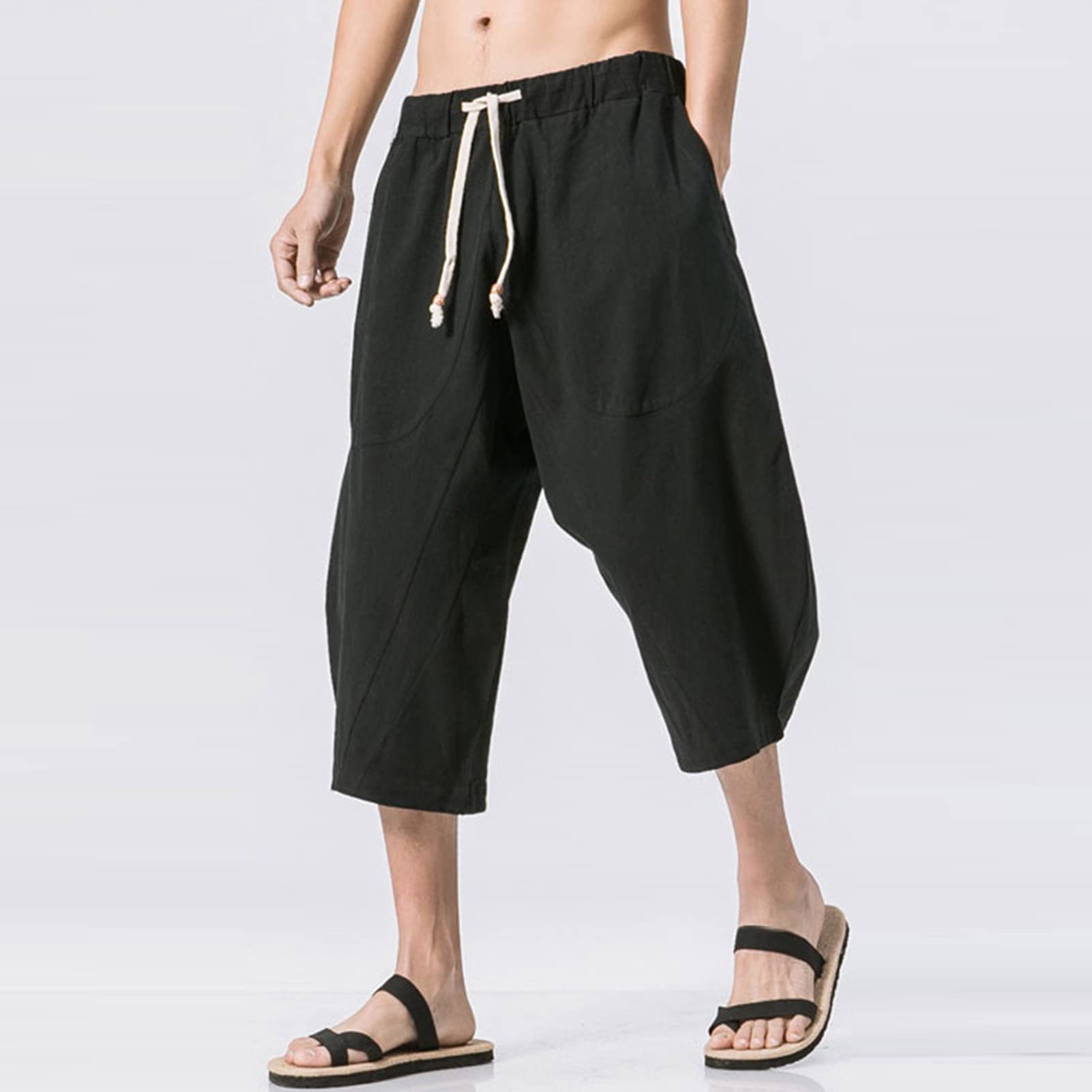 JEKE-DG Men's Linen Cotton Cropped Trousers Breathable Short Pants Summer Beach Shorts (Black,X-Large)