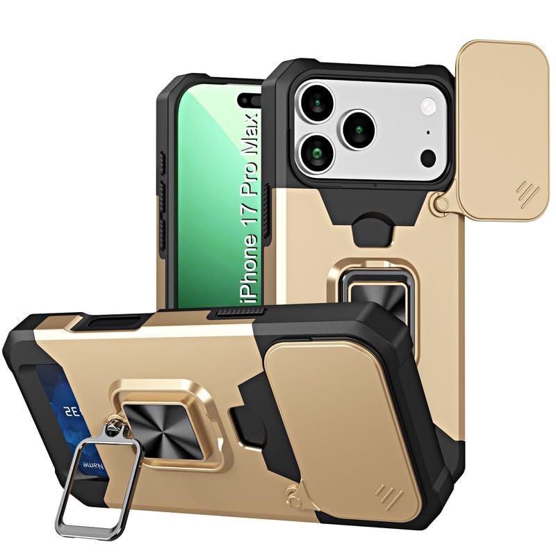 Image of LuxuryKase Shockproof Armor Case for iPhone 17 Pro Max | Slide Camera Cover | Hidden Card Slot | Rotating Ring Kickstand | Magnetic Car Mount Support | Military Grade Protection - Gold