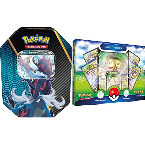 Pokémon TCG: Divergent Powers Tin – Hisuian Samurott V (1 Foil Card & 4 Booster Packs) & Pokémon TCG: GO Collection - Alolan Exeggutor (1 Foil Promo Card, 1 Foil Oversize Card & 4 Booster Packs) - + GO Collection - Alolan Exeggutor