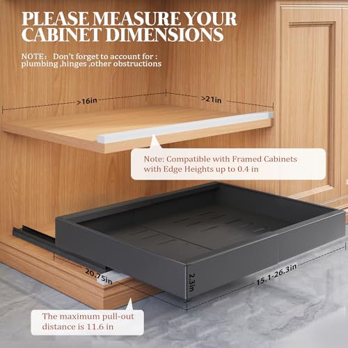 4 Pack Expandable Pull Out Cabinet Organizer 21"Deep With Raising Pad for Framed Cabinets,Upgrade 3 Slide Rails Slide Out Drawers,No Drill Roll Out Shelves,Adjustable Width 15.1"-26.3" Black