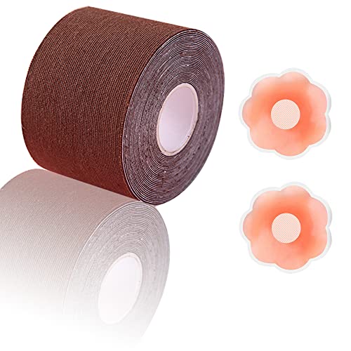Breast Lift Tape with Reusable Silicone Covers Set of 2, Invisible Fashion Comfortable Bra Tape and Nipplecovers, Tape Adhesive Tape Push Up Tape Athletic Tape Body Tape for Large Breast Brown