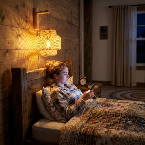 Image of Farmhouse Rattan Plug in Wall Sconce for Bedroom, Bamboo Hanging Wall Lamp