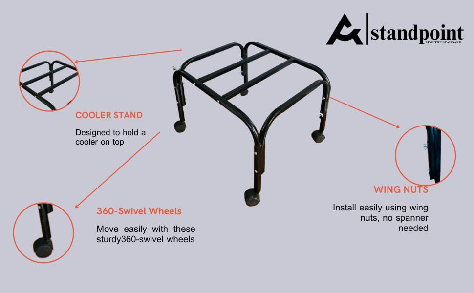 Image of StandPoint | Heavy-Duty Cooler Stand with Wheels | Metal Trolley for Home & Outdoor | Rust-Resistant Black Finish | 360 Rotating Wheels | 100kg Load Capacity | Cooler Movable Stand