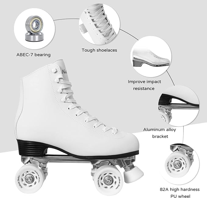 Roller Skates for Women with PU Leather High-top Double Row Rollerskates, Unisex-Adult Indoor Outdoor White Derby Skate Size Women 8 with Adjustable Fast Braking for Beginner