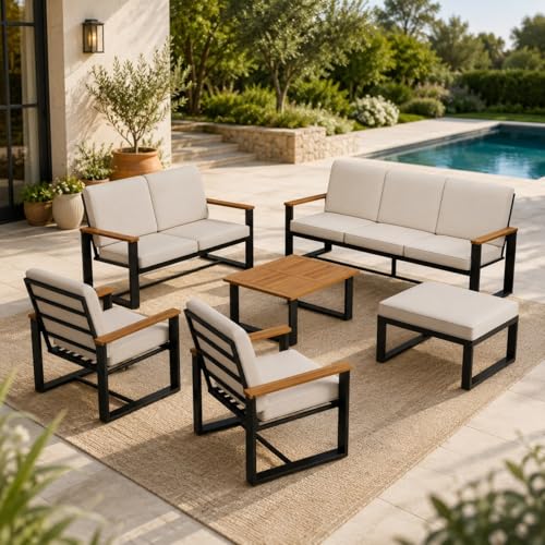 LPdorbe Salon de Jardin Extérieur 7 Places, Ensemble Mobilier de Jardin en Bois d’Acacia avec Table Basse et Repose-Pieds, Canapé et Fauteuils pour...