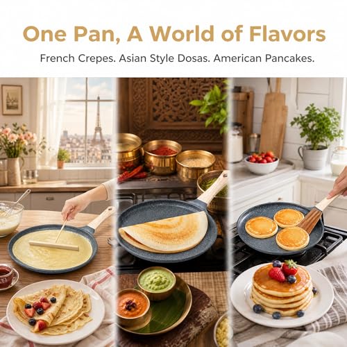 Image of Hiceeden Nonstick Crepe Pan with Spreader, 10-Inch Tortilla Pan with Detachable Handle, Ceramic Coating Pancake Griddle Dosa Tawa Pan, for All Stove, Induction Compatible, PFOA Free, Black