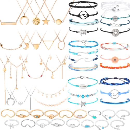 Batiyeer 60 Pcs Christmas Surfer Wave Friendship Bracelet Layered Choker Pendant Necklace Adjustable Multilayer Chain Bracelet Anklets Knuckle Rings for Women Xmas Gifts