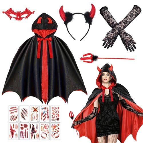 Betensh Deguisiment Diable Femme, DeGuisiment Halloween Femme, Costume Diablesse, Cape Vampire, Convient aux Festivals