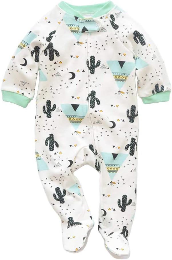 JunNeng Newborn Baby Cotton Footies Romper Pajamas Infant Long Sleeve Cartoon Cactus Printed Sleeper One Piece