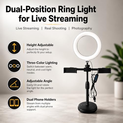 Image of Futopia Portable 6Inch (15cm) Selfie Phones LED Ring Light with Stand for Desk & 2 Phone Holders | 3 Color Modes | USB Used | Ideal for Photo & Video Shoots, Meetings & Live Streaming, Instagram Reels