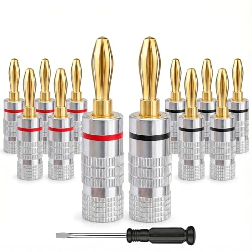 Zylveron Banana Plugs Solderless 24K Gold Plated 4mm Speaker Wire Connectors | 6 Pairs / 12 Pcs Dual-Screw Type for Home Theater Wall Plates Audio/Video Receivers and Amps (Aluminum Shell)