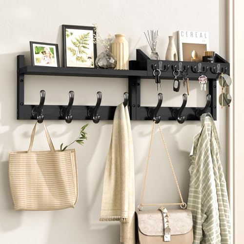 Image of Evermagin 29 inch Coat Rack Wall Mount with Shelf, 4 in 1 Wall Mounted Coat and Key Hanger with 11 Hooks, Entryway Key Holder with Mail Holder for Living Room, Bedroom, Black
